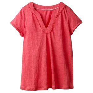 Boden Linen Short Sleeve Top Womens S Coral Pompom Resort Cruise Travel Summer